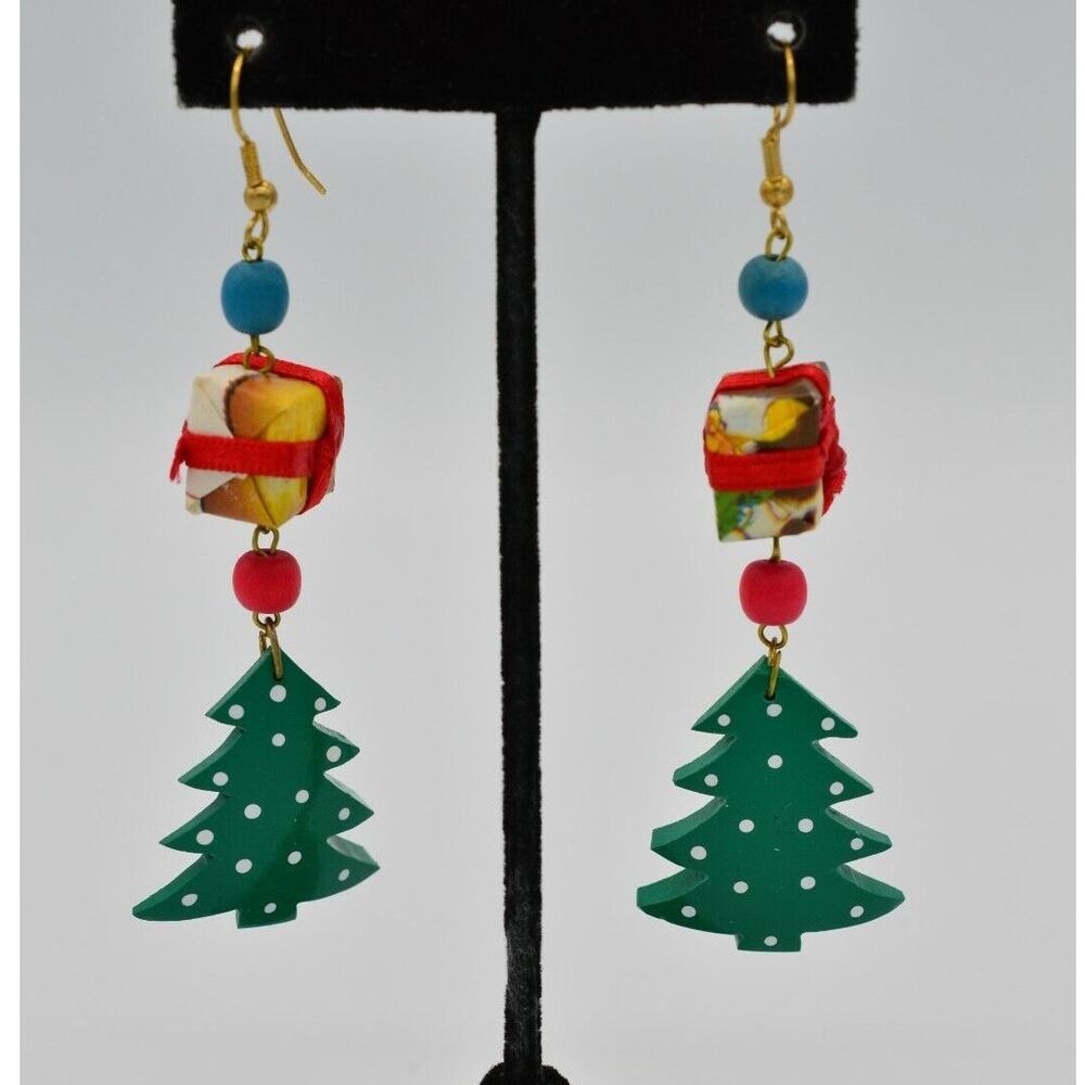 Vintage Christmas Origami Earrings Dangle Wood Tree Gift Holiday NOS 1980s 9C
